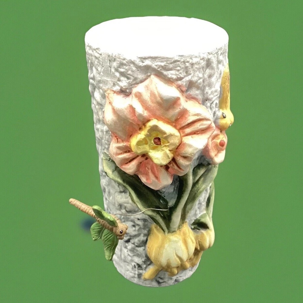 Tall Ceramic Vase 3D‎ Flowers Dragonfly Suspended on Wire Unique! 6.5"